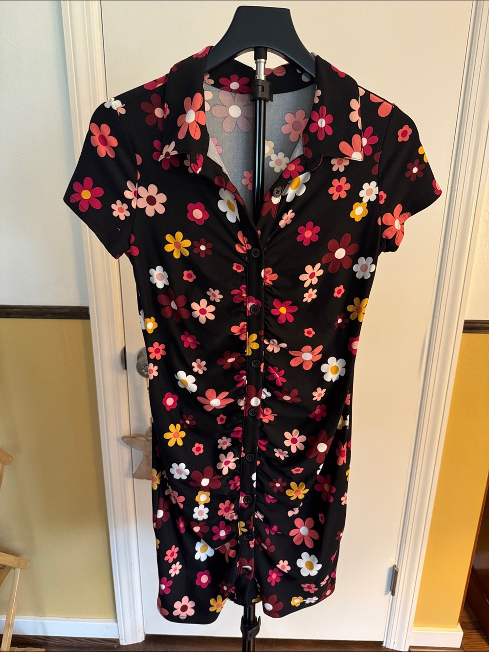 Floral Button-Front Black Dress with Pink & Yellow Flowers